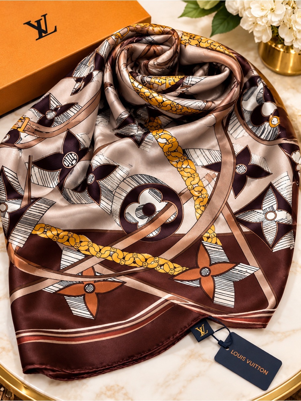 Source Unknown Louis Vuitton Brown, Gold & Cream Silk Scarf